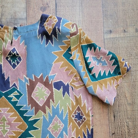 Aztec Print 100% Silk Short Sleeve Blouse - Picture 9 of 12